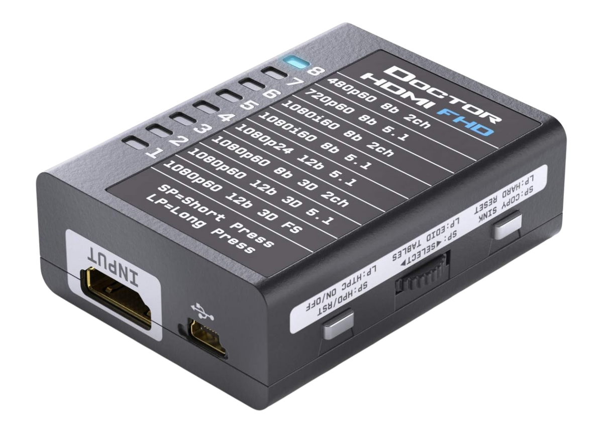 Lado de salida del Dr HDMI 4K, con la salida HDMI, el jack RS232 y los botones copy sink y HPD