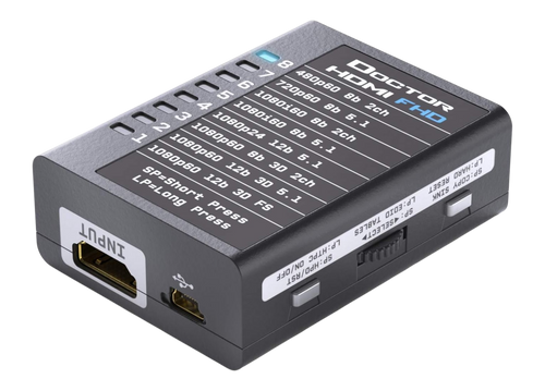 Lado de salida del Dr HDMI 4K, con la salida HDMI, el jack RS232 y los botones copy sink y HPD