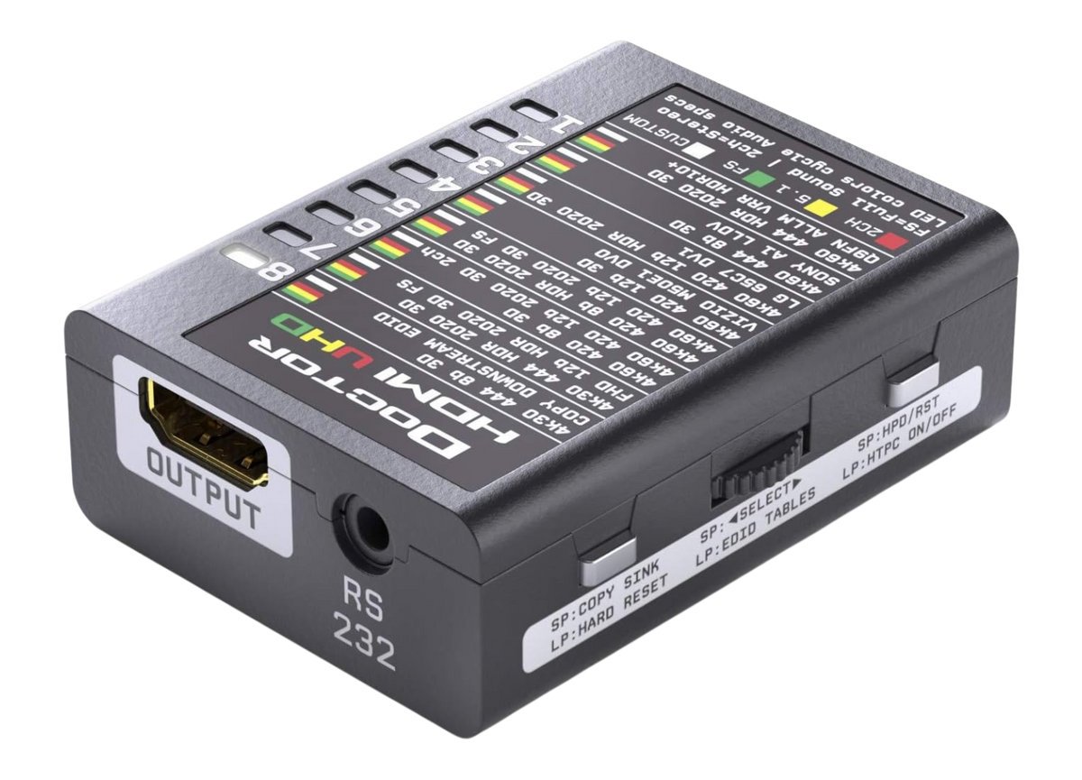 Dr HDMI 4K visto desde el lado de salida, con la tabla de bancos EDID UHD impresa en la tapa