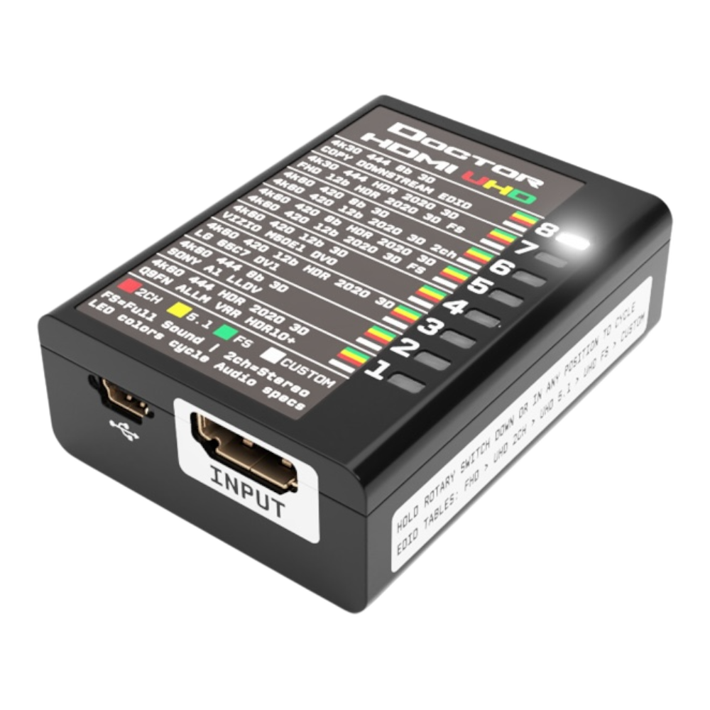 Lado de entrada del Dr HDMI 4K, con la entrada HDMI, el puerto mini USB y la tabla EDID UHD arriba