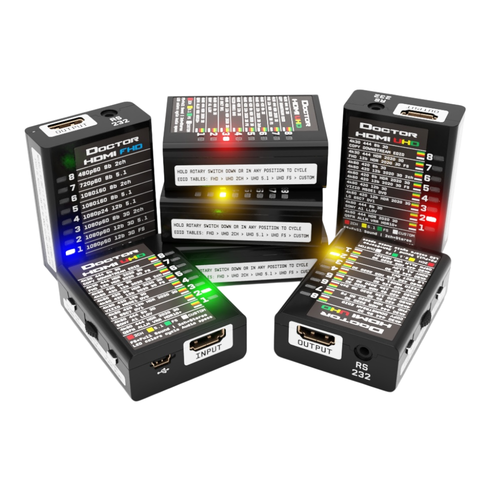 Cinco Dr HDMI 4K uno al lado del otro, cada uno iluminado en un color de tabla EDID distinto
