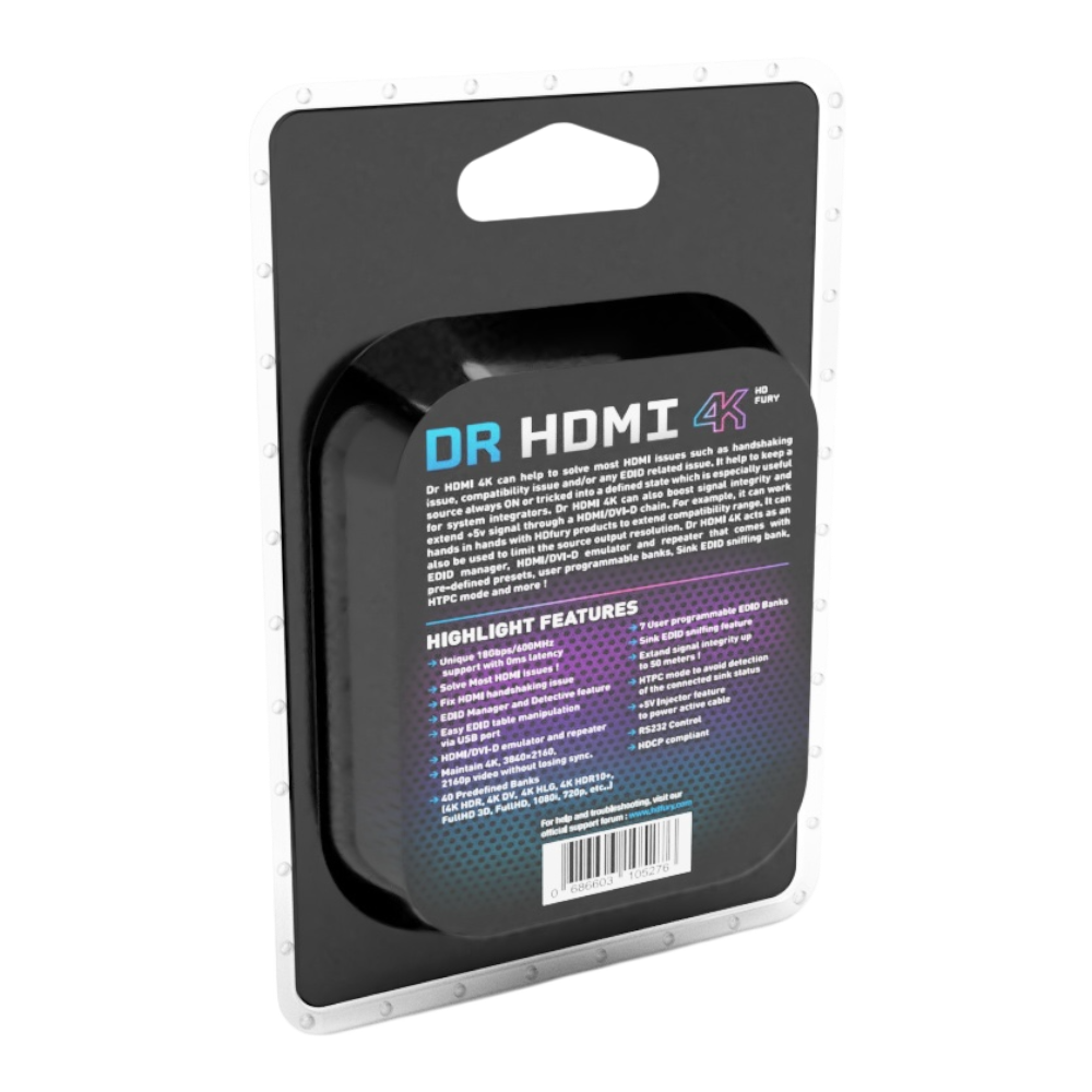 Embalaje del Dr HDMI 4K, parte trasera, con las especificaciones