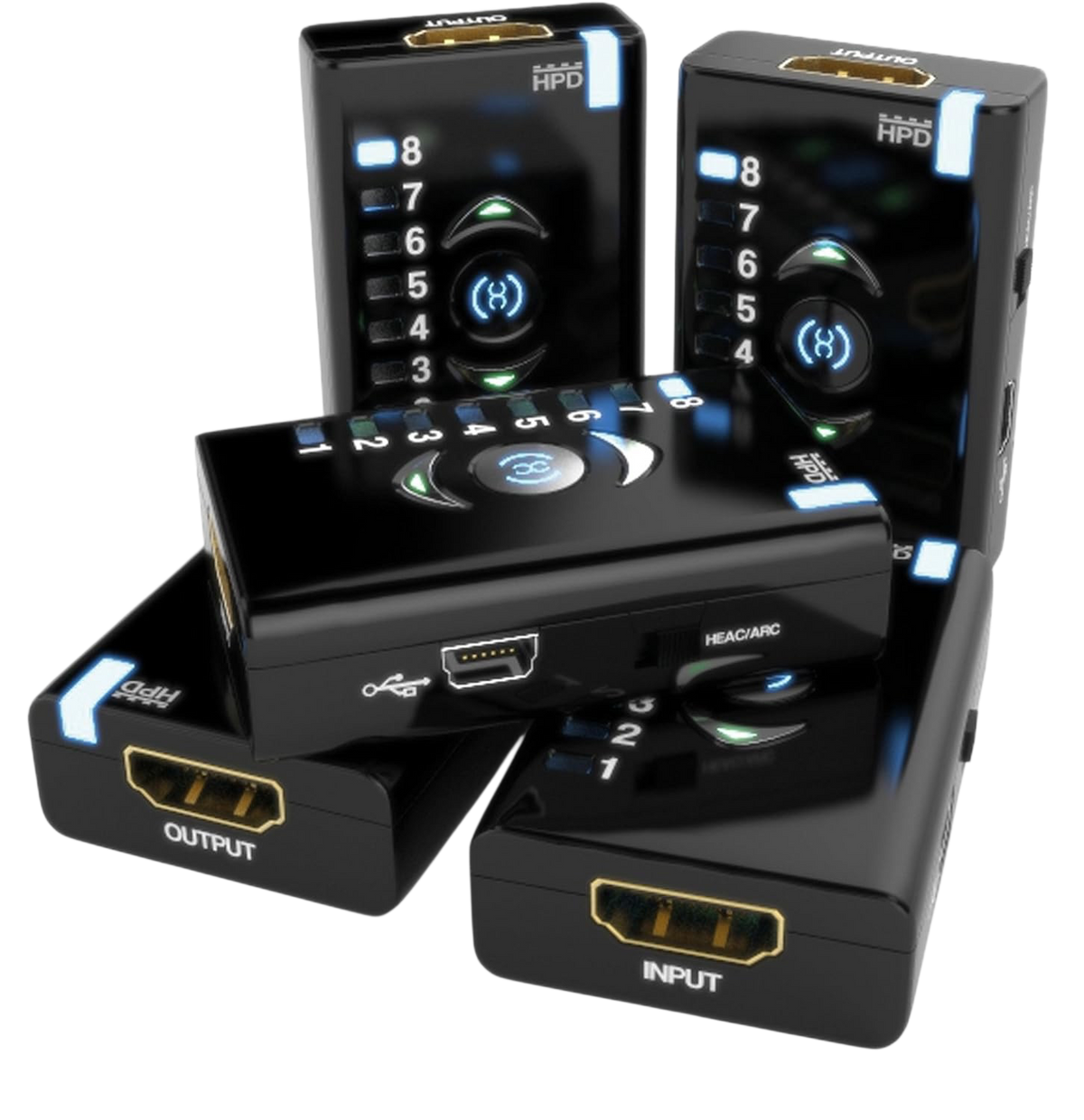 Cinco Dr HDMI desde distintos ángulos con entrada y salida HDMI, puerto Mini-USB e interruptor HEAC/ARC