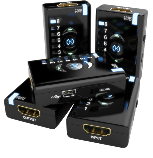 Cinco Dr HDMI desde distintos ángulos con entrada y salida HDMI, puerto Mini-USB e interruptor HEAC/ARC