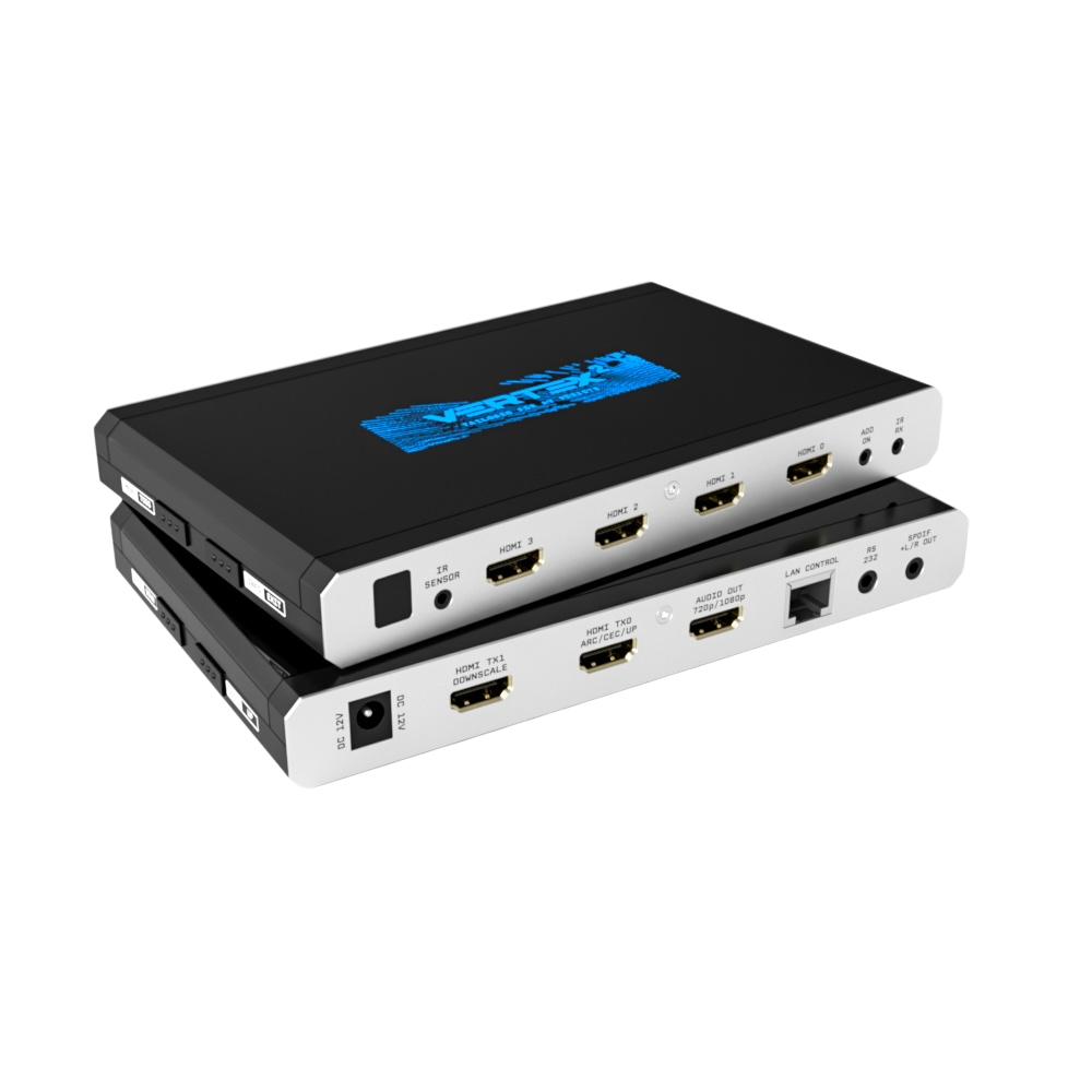Matriz HDMI 4x2 HDfury Vertex 2 mostrada dos veces, una sobre otra: arriba las cuatro entradas HDMI y abajo las salidas del scaler TX0 y TX1, la salida del extractor de audio, LAN, RS232 y S/PDIF