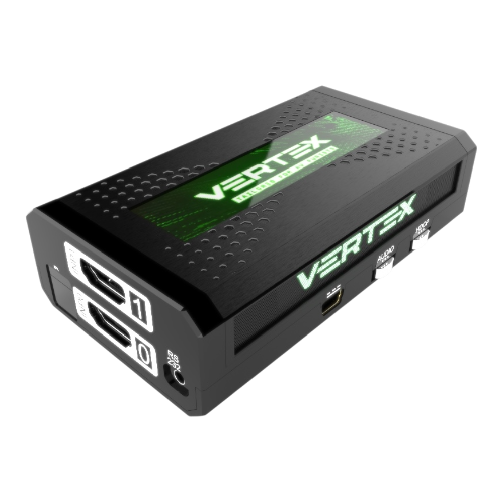 HDfury Vertex, matriz HDMI 2x2 y escalador 4K 18Gbps con OLED, entradas HDMI, RS232, mini USB, interruptores AUDIO y HDCP