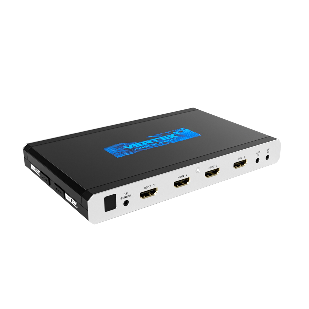 Matriz, splitter y scaler HDMI 4x2 HDfury Vertex 2 sobre fondo blanco, con las cuatro entradas HDMI de 18Gbps y el logotipo azul de Vertex 2 en la tapa