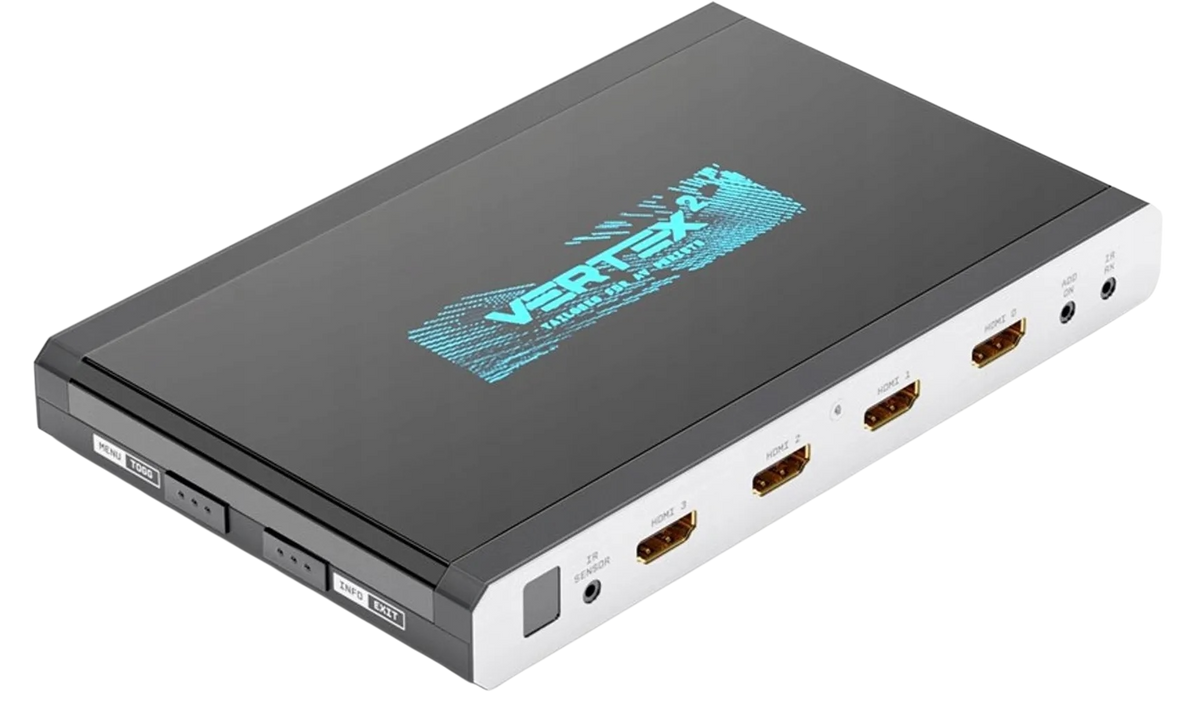Matriz y switch HDMI HDfury Vertex 2 vistos desde arriba en ángulo, lado de entradas: sensor IR, cuatro entradas HDMI numeradas del 0 al 3, conectores add-on e IR RX