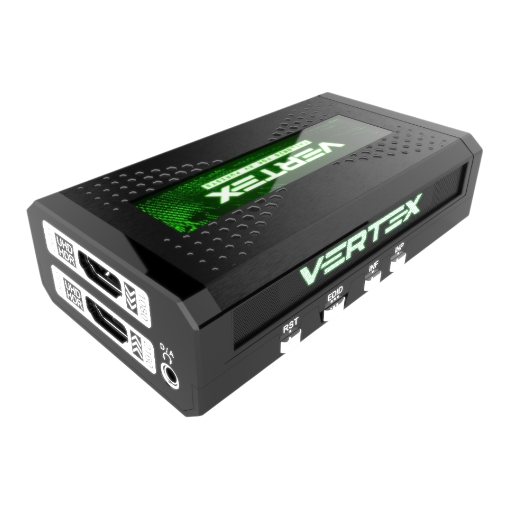 HDfury Vertex, splitter y escalador HDMI 2.0b: salidas HDMI, conector de audio D/A y controles RST, EDID, INF e INP