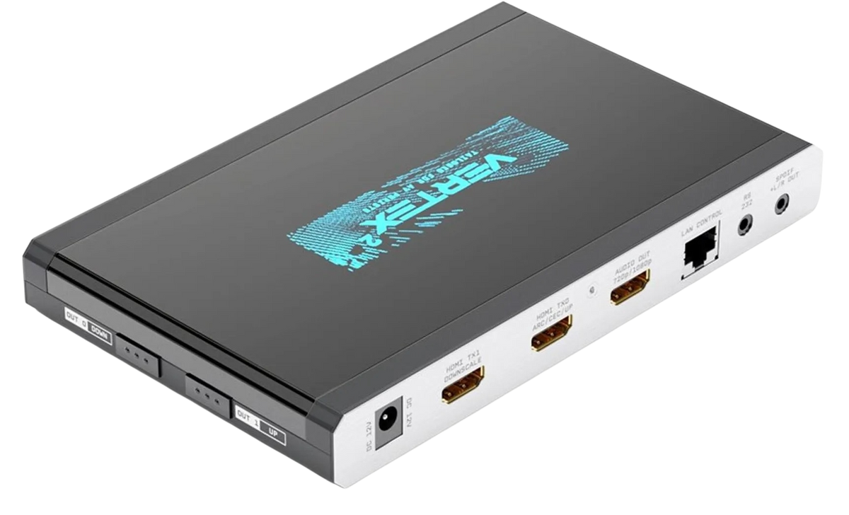 Lado de salidas del HDfury Vertex 2: 12V DC, HDMI TX1 con reducción de escala, HDMI TX0 con ARC, CEC y escalado, la salida 720p/1080p del extractor de audio, control LAN, RS232 y S/PDIF con salida L/R