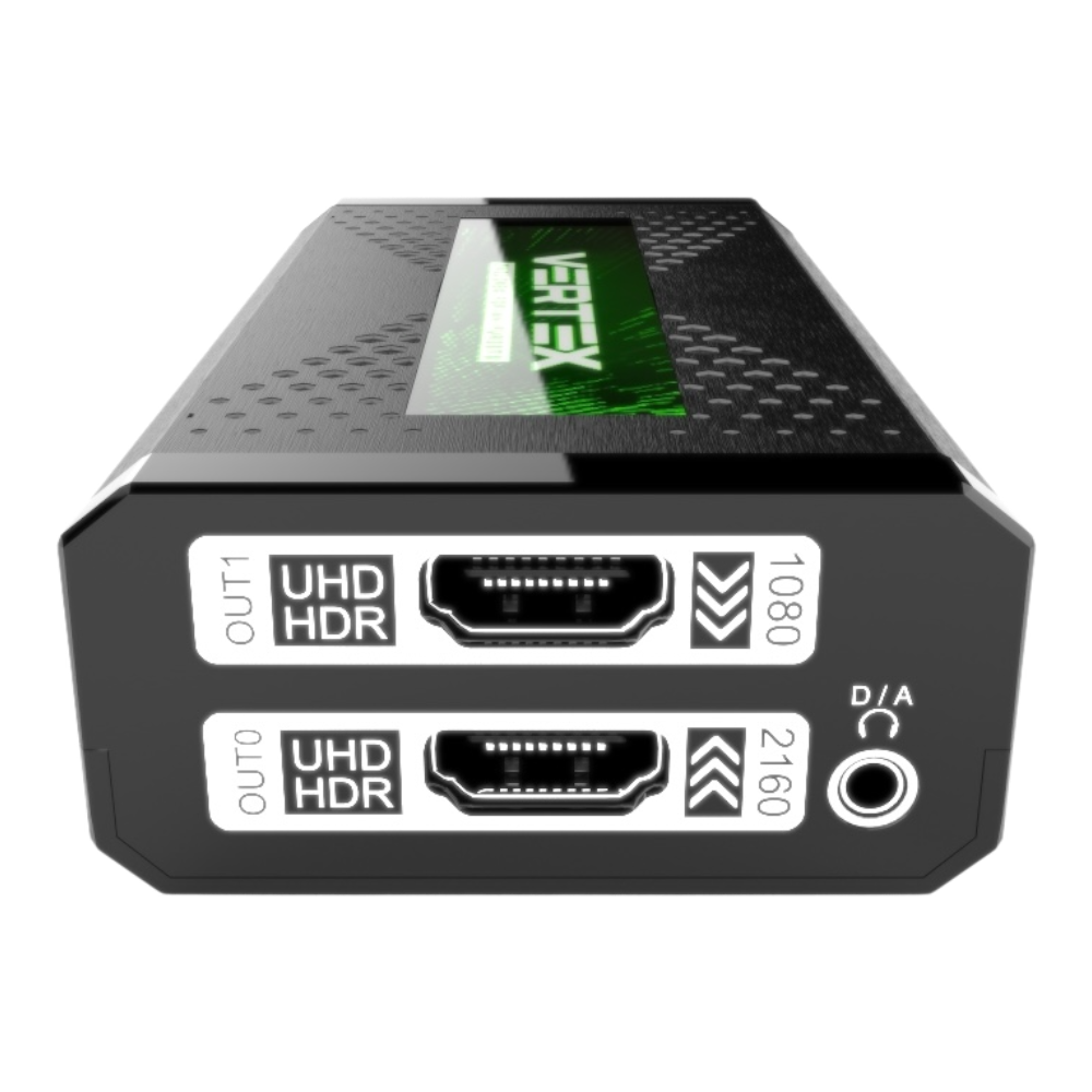Salidas del HDfury Vertex: OUT1 UHD HDR con reducción a 1080p, OUT0 UHD HDR con escalado a 2160p y conector de audio D/A