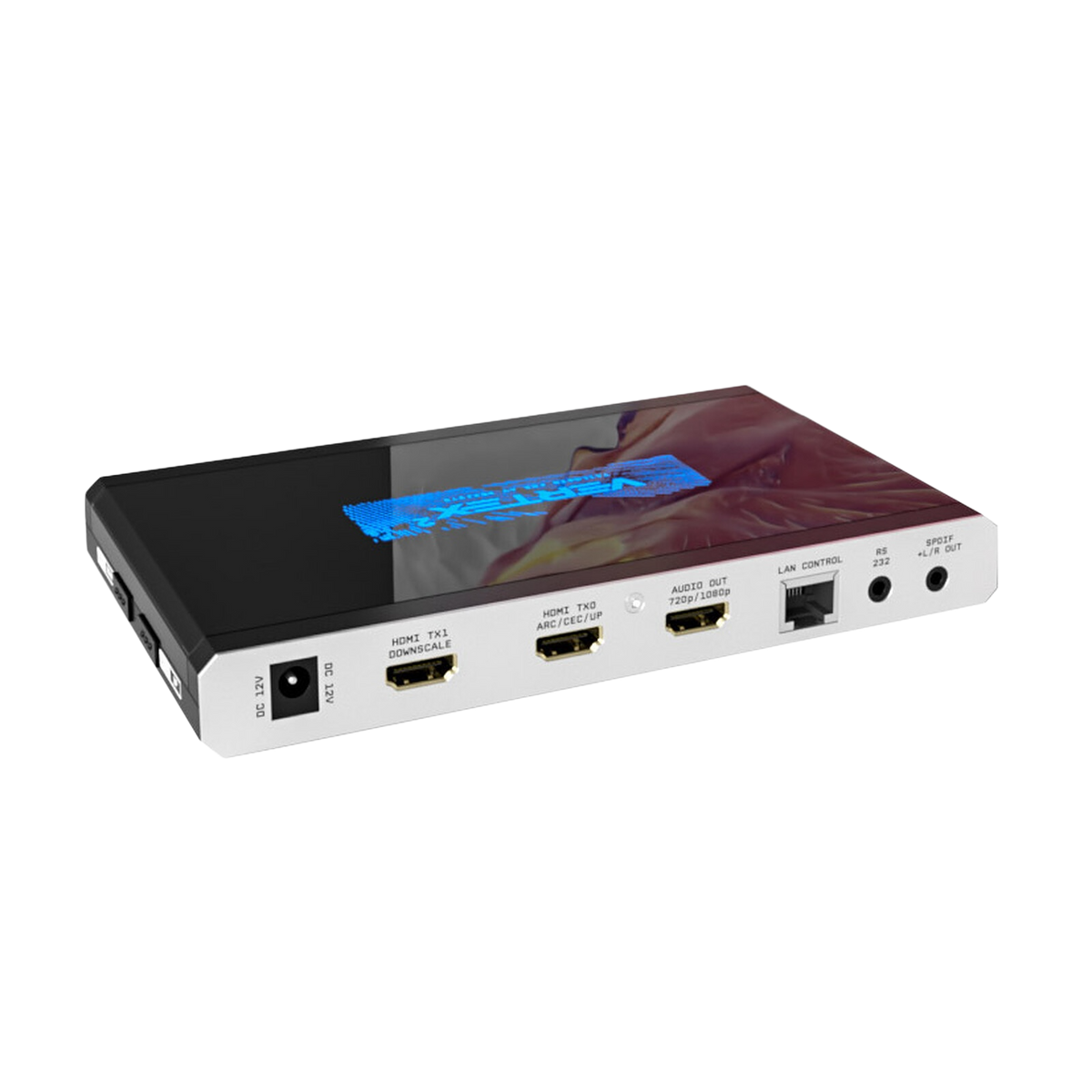 Primer plano de las salidas del HDfury Vertex 2: 12V DC, HDMI TX1 con reducción de escala, HDMI TX0 con ARC, CEC y escalado, la salida HDMI dedicada del extractor de audio, control LAN, RS232 y S/PDIF óptico